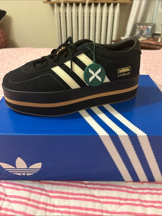 adidas Shoes - adidas Gazelle Platform Sneakers - Black with Cream Stripes